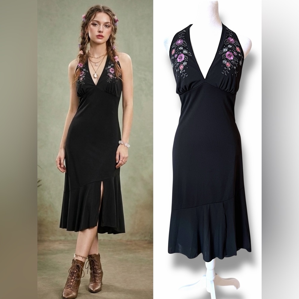 RARE Deadstock Vtg Bisou Bisou Y2K Embroidered Halter Dress Whimsigoth Fairy
